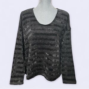 Sadie & Sage Black Sparkle Striped Fuzzy Chenille Sweater Med Glam Chic Shimmer